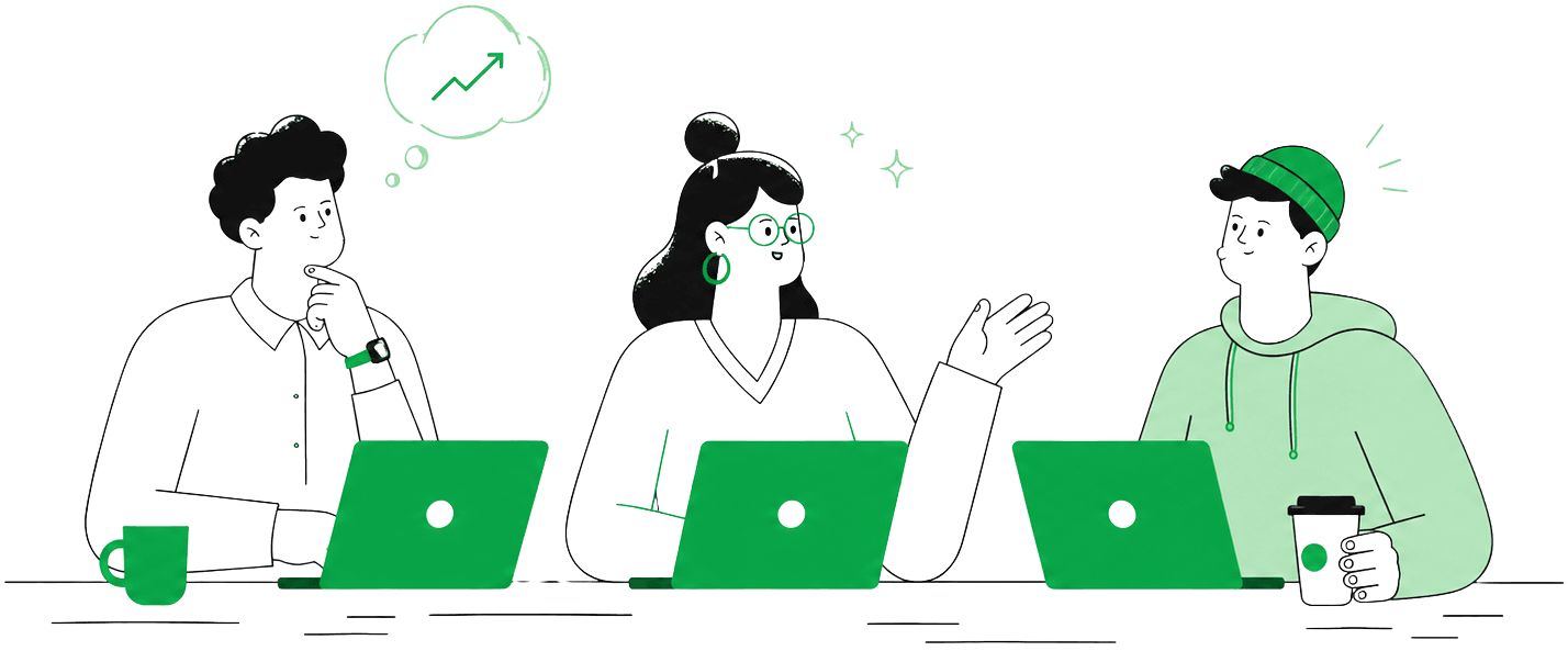 Three teammates reviewing SEO work around laptops